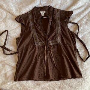 Y2K Babydoll Fairy Brown Tie Back Brown Edwardian Style Blouse with Lace Trim